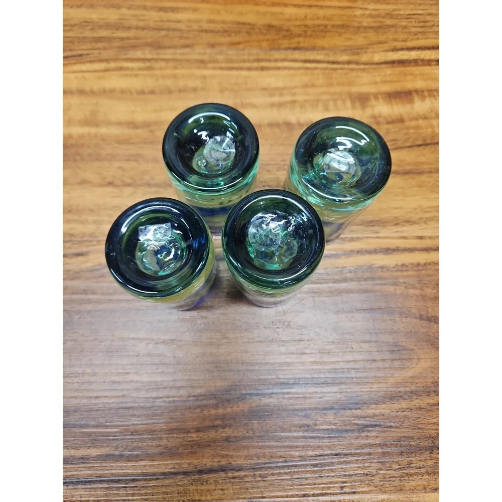 Lot of 4 Del Dueno Anejo Tequila Shooter Hand Blown Blue‎ Green Rim Shot Glasses